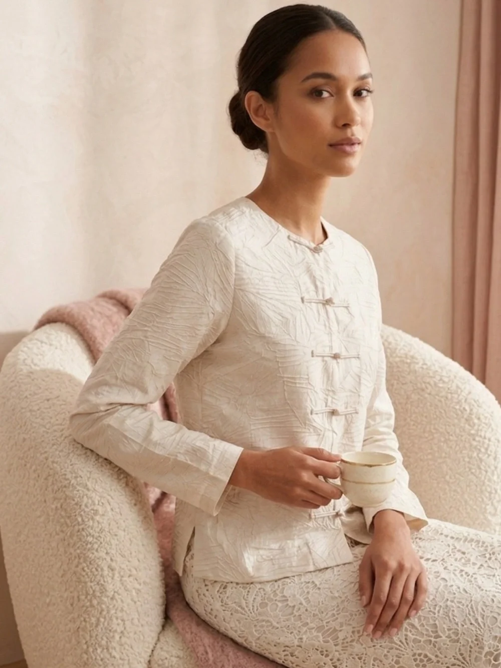 Eileen Fisher Silk Minimalist Blouse | Textured Neutral Petite Small | MSRP $250